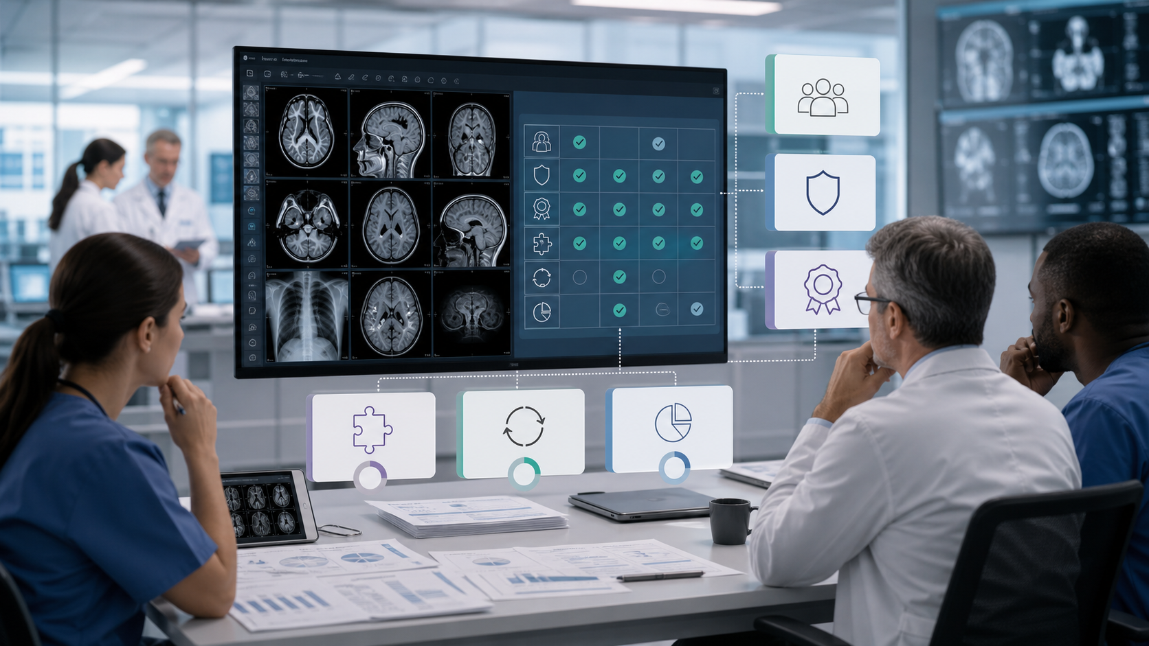 Clinical team evaluating DICOM viewer criteria with imaging, security, validation and lifecycle factors