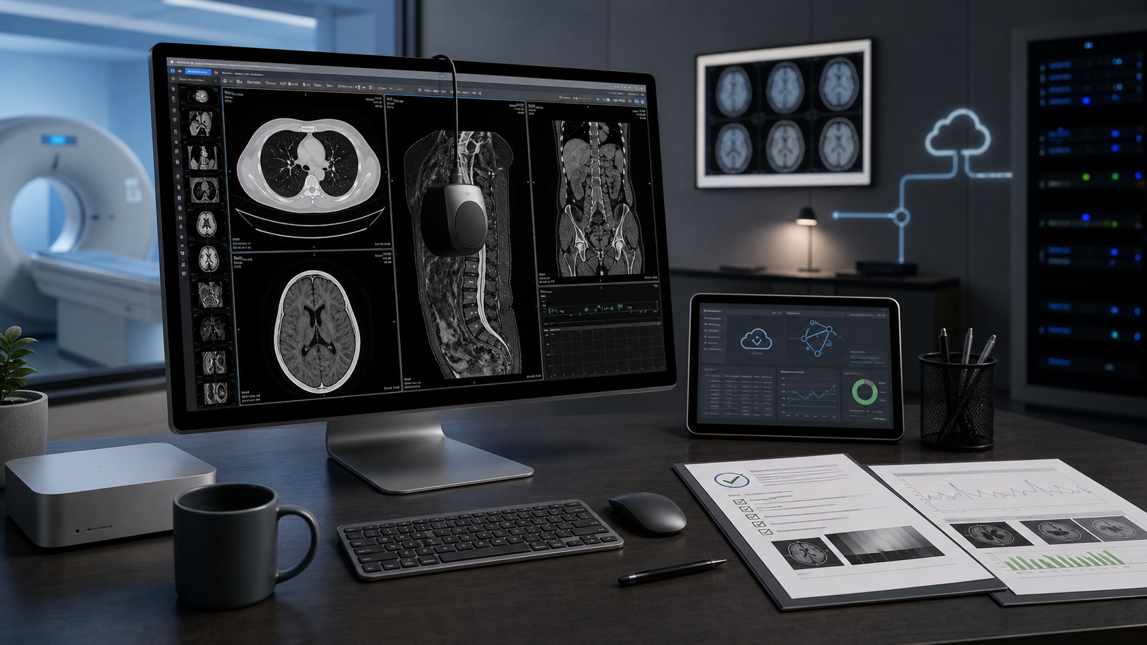 Mac diagnostic imaging workstation with calibrated display, DICOM viewer, QA records and clinical imaging studies