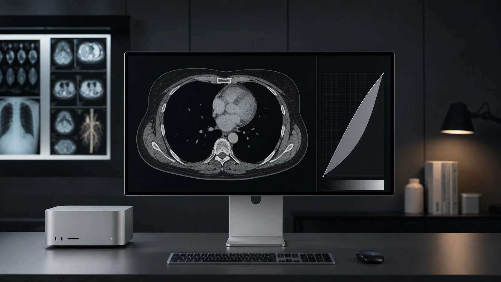 Calibrated desktop radiology display showing a grayscale CT image and display response curve